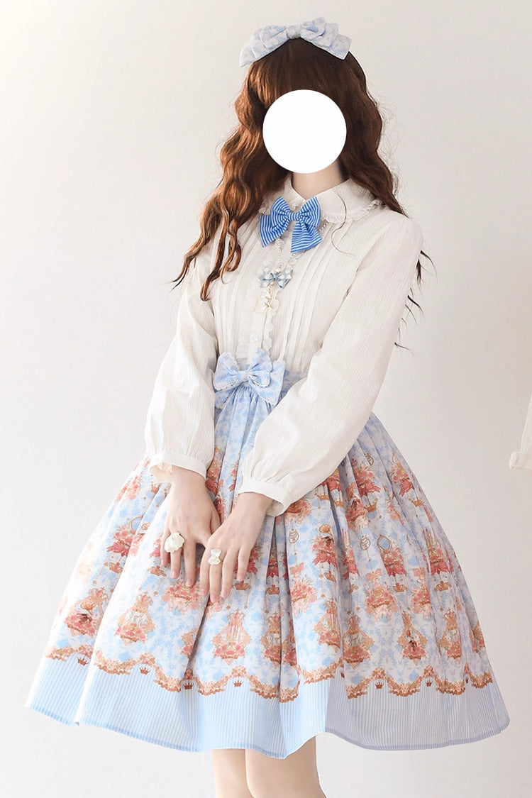 Blue Rose Garden Rabbit Print Ruffle Bowknot Sweet Lolita Dress