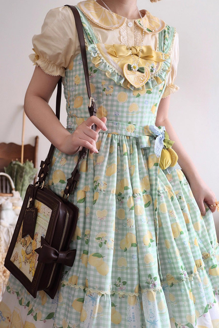 Green Lemon Chicken Print Ruffle Bowknot Lace Sweet Lolita Jsk Long Dress
