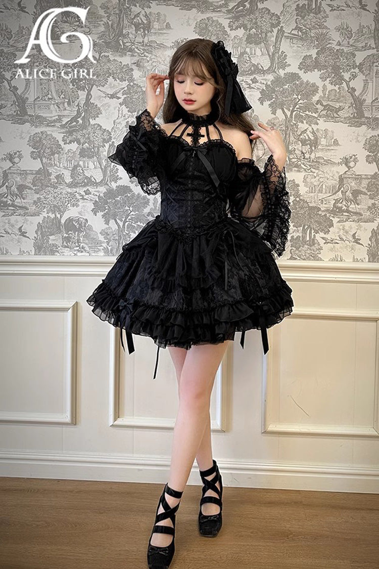 Dark Black Tube Top Sleeveless Blowknot Ruffled Gothic Lolita Tiered Dress
