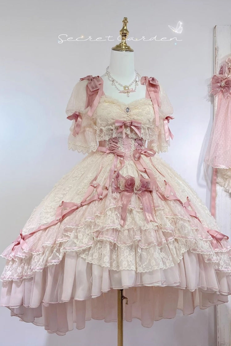 Pink Diane Rose Short Sleeves Multi-Layered Jacquard Ruffle Hanayome Cardigan Bowknot Lace Sweet Lolita Dress