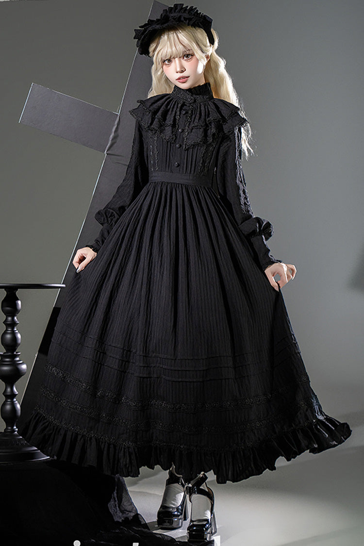 Black Quiet Place Long Sleeves Jacquard Ruffle Embroidery Bowknot Gothic Lolita Dress