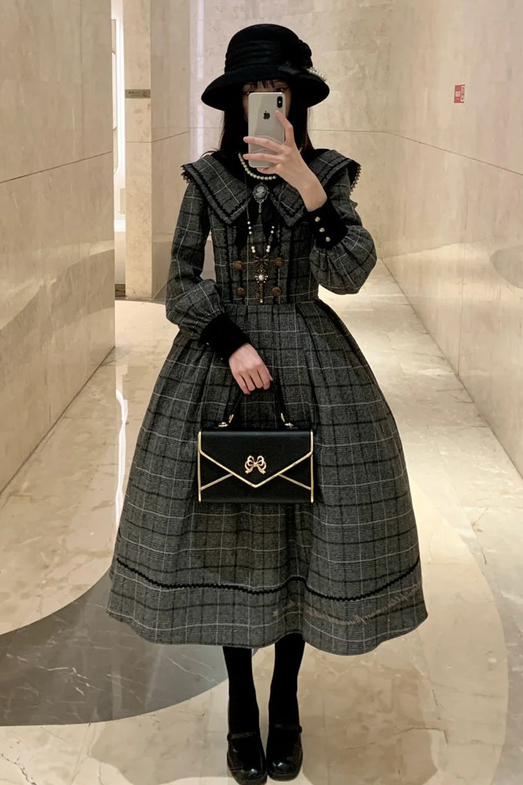 Grey Fontainebleau Long Sleeves Plaid Print Bowknot Elegant Sweet Lolita Dress