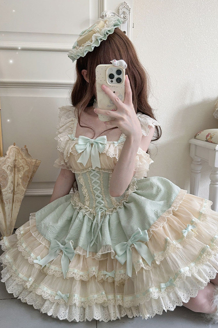 Green Flory Butterfly Double-Layered Ruffle Bowknot Lace Lace-Up Sweet Ballet Lolita Jsk Dress