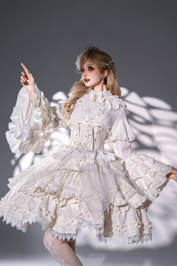 White The Angel of Good and Evil Multi-Layered Ruffled Lace Sweet Elegant Lolita Skirt (Corset Belt Included)
