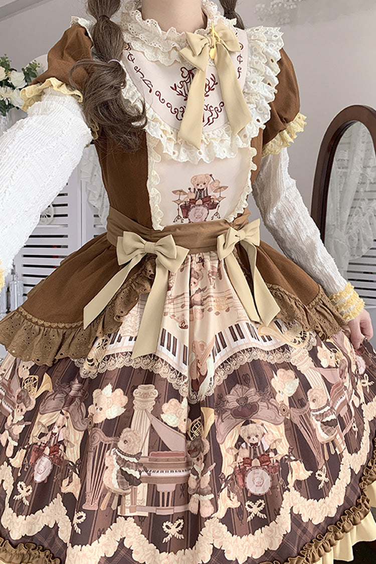 Brown Little Bear Concerto Print Ruffle Bowknot Sweet Princess Lolita Dress