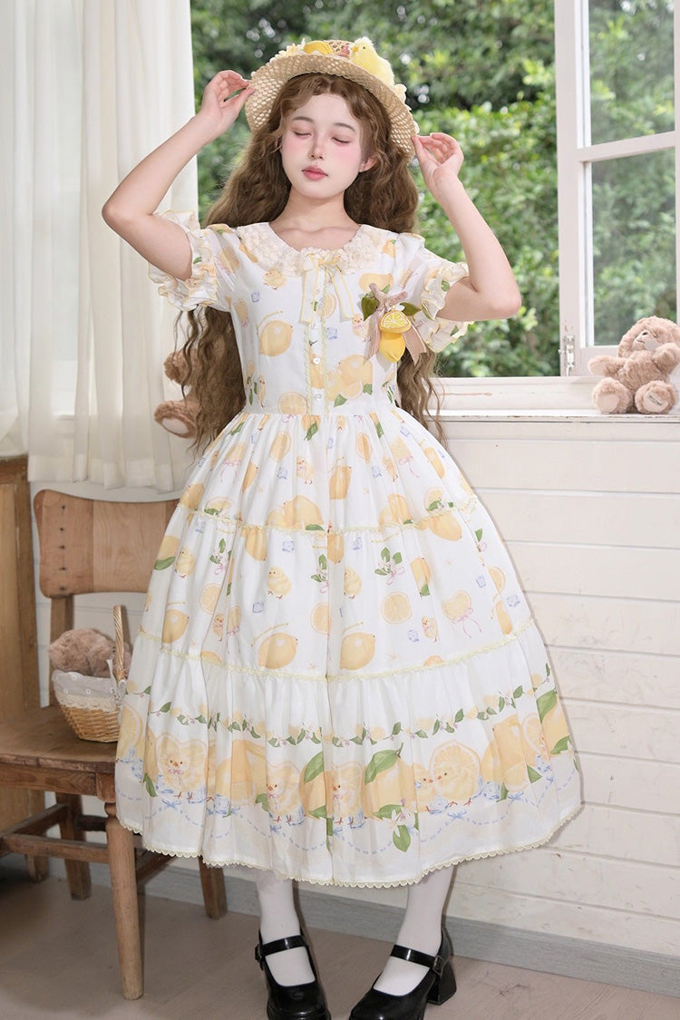 White Lemon Chicken Short Sleeves Print Ruffle Bowknot Lace Daily Sweet Lolita Dress