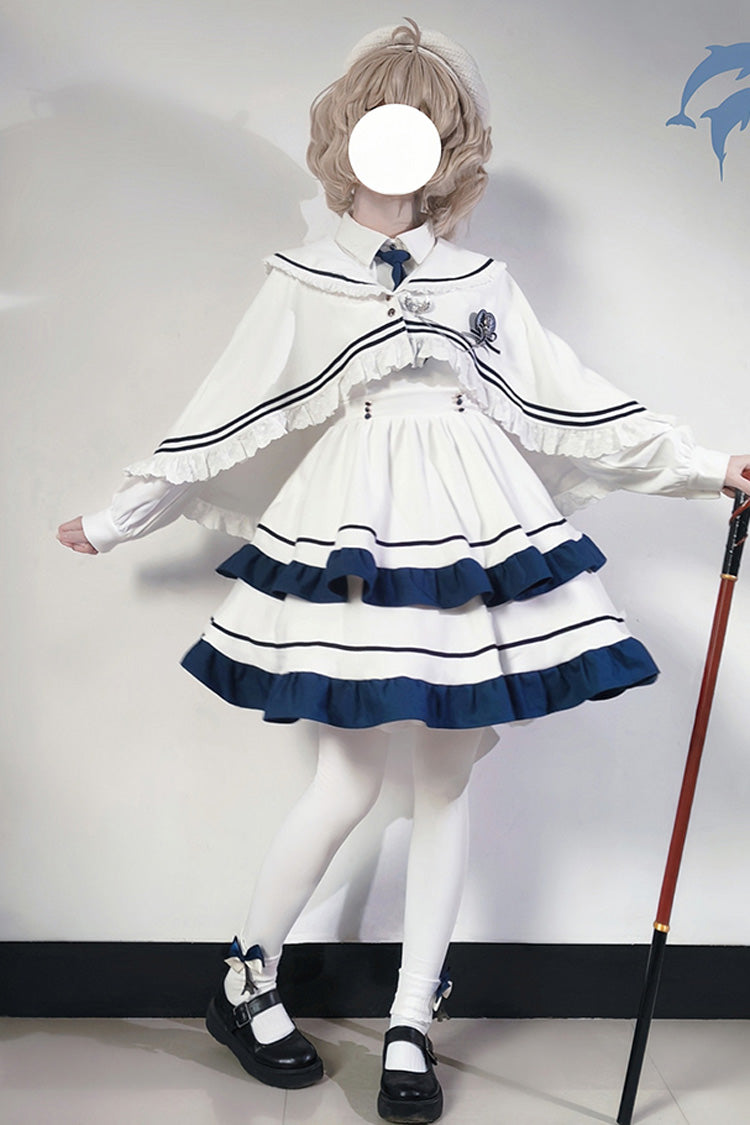 White Long Sleeves Double-Layered Ruffle Sweet College Style Lolita Dress
