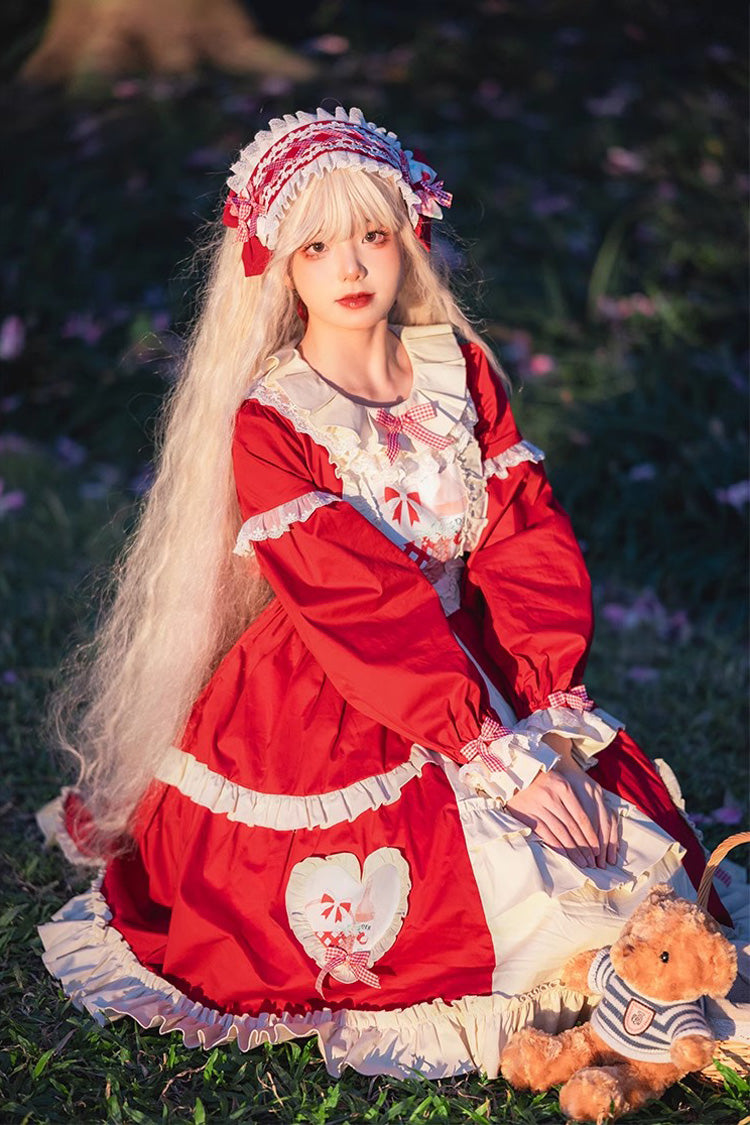 Red Cider House Long Sleeves Print Ruffle Cardigan Bowknot Sweet Lolita Dress