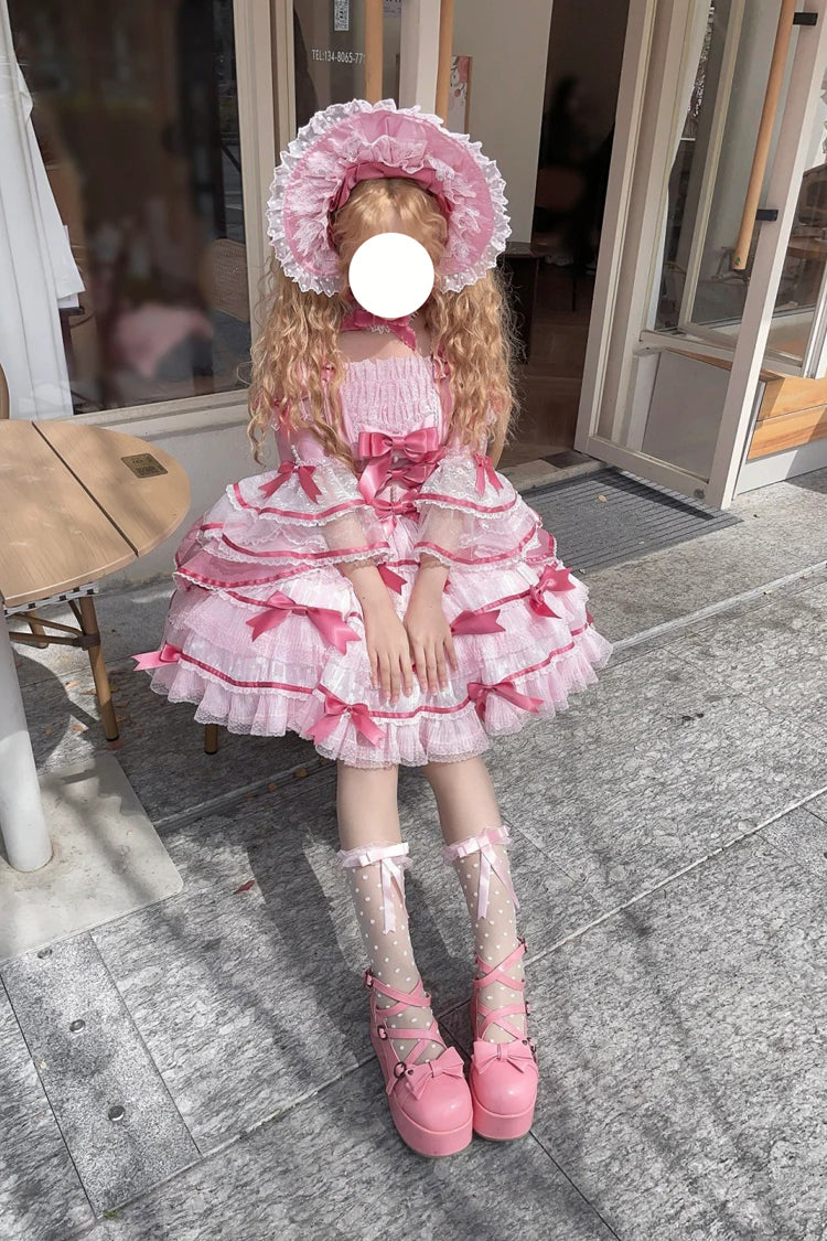 Pink Velvet Cake Long Trumpet Sleeves Multi-Layered Ruffle Bowknot Lace Sweet Lolita Dress