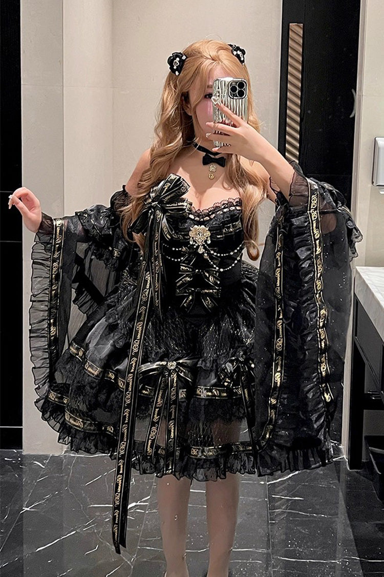 Black Golden Obsidian Night Sleeveless Double-Layered Ruffle Bowknot Pearl Gothic Princess Lolita Dress