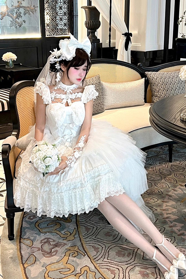 White Jewelry Love Story Halterneck Ruffle Hanayome Bowknot Lace Gothic Lolita Dress