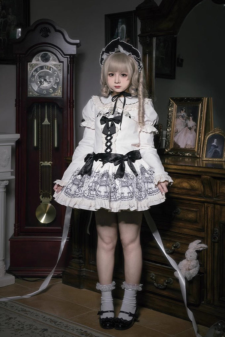 Doll Night Short Sleeves Print Ruffle Embroidery Bowknot Gothic Lolita Dress 2 Colors