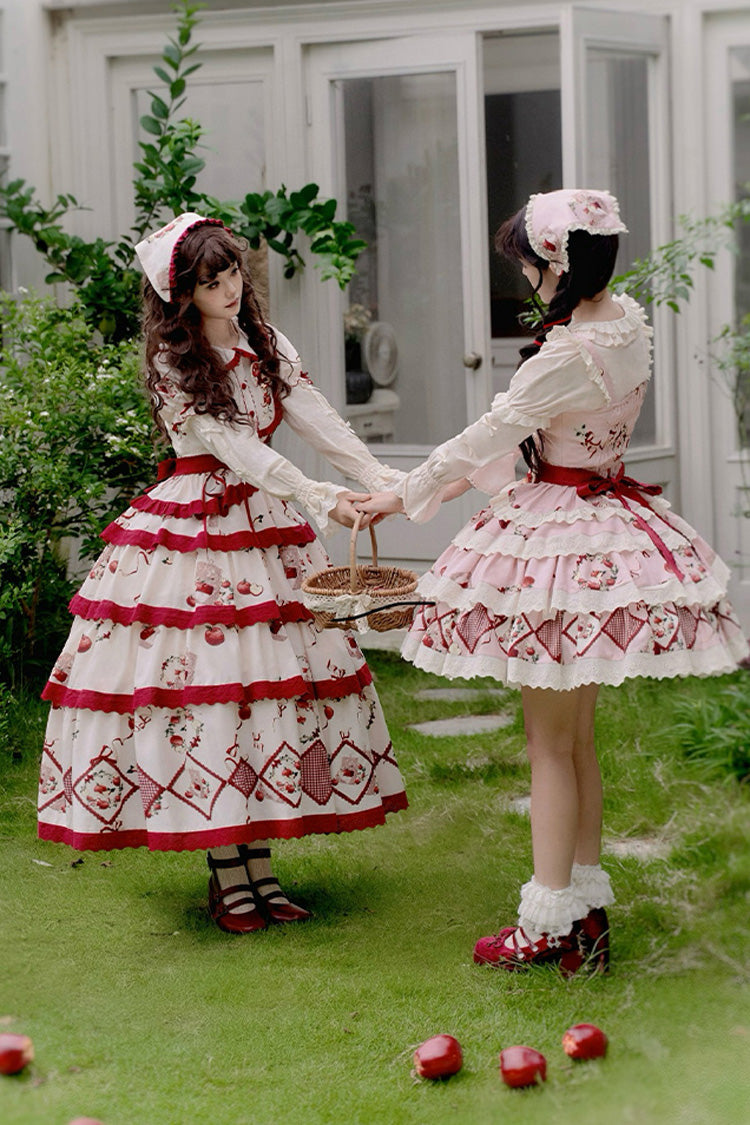 Pink Triple-Layered Apple Orchard Print Ruffle Embroidery Sweet Lolita Short Skirt