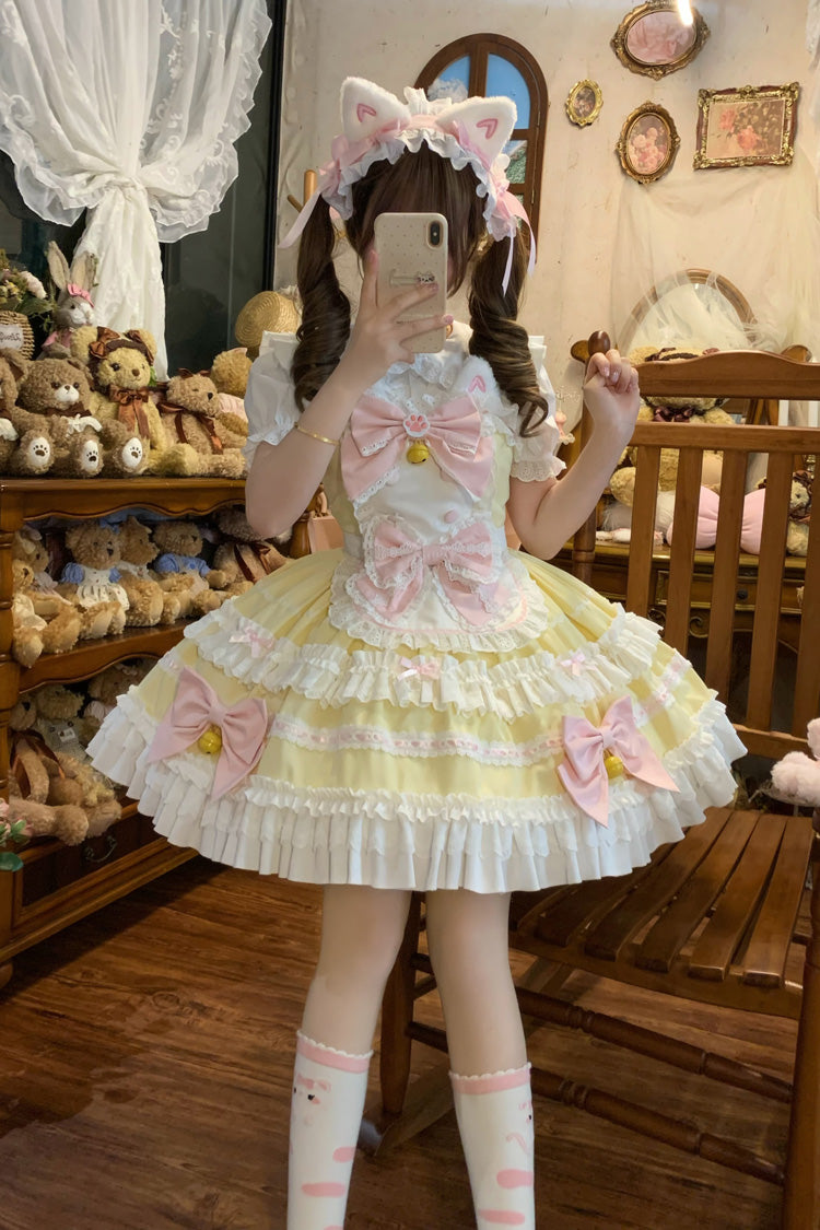 Yellow Meowling Sweet Maid Sleeveless Multi-Layered Ruffle Bowknot Lace Sweet Princess Lolita Jsk Dress