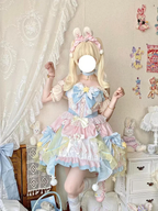 Sweet Lolita Soft Girl Cute Girl Pink and Blue Flower Princess Dress Spring Summer for Christmas