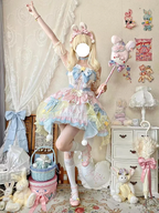 Sweet Lolita Soft Girl Cute Girl Pink and Blue Flower Princess Dress Spring Summer for Christmas