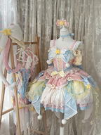 Sweet Lolita Soft Girl Cute Girl Pink and Blue Flower Princess Dress Spring Summer for Christmas