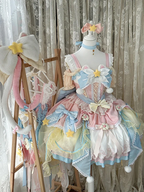 Sweet Lolita Soft Girl Cute Girl Pink and Blue Flower Princess Dress Spring Summer for Christmas