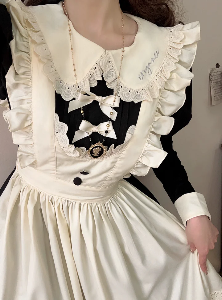 [Pre]Classic Lolita Sweet Black-white with Bowknot Apron Ruffle Lace Hem Long Dress