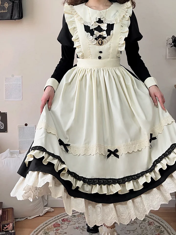 [Pre]Classic Lolita Sweet Black-white with Bowknot Apron Ruffle Lace Hem Long Dress