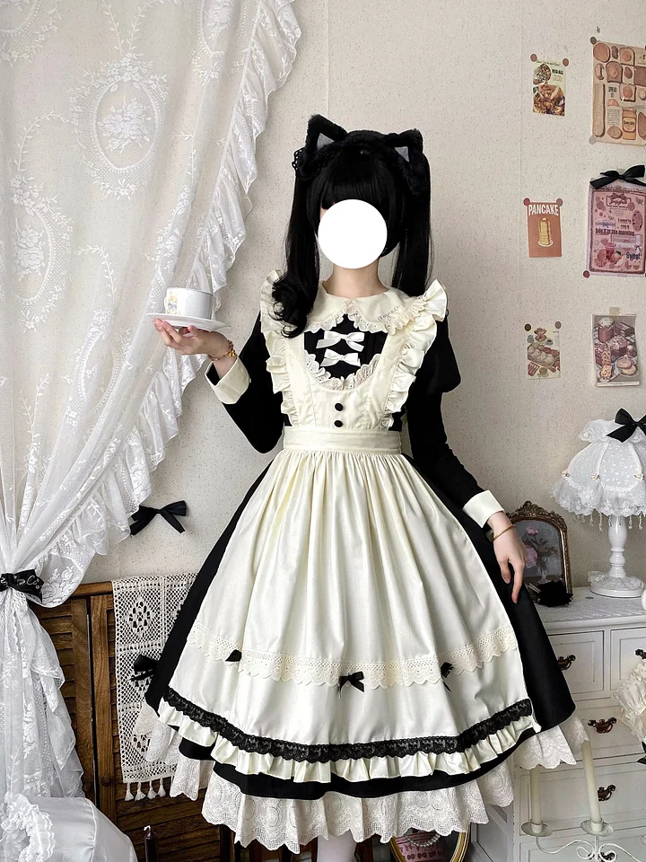 [Pre]Classic Lolita Sweet Black-white with Bowknot Apron Ruffle Lace Hem Long Dress