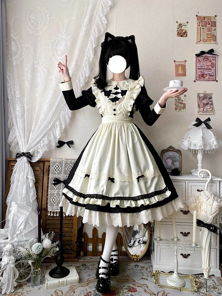 [Pre]Classic Lolita Sweet Black-white with Bowknot Apron Ruffle Lace Hem Long Dress