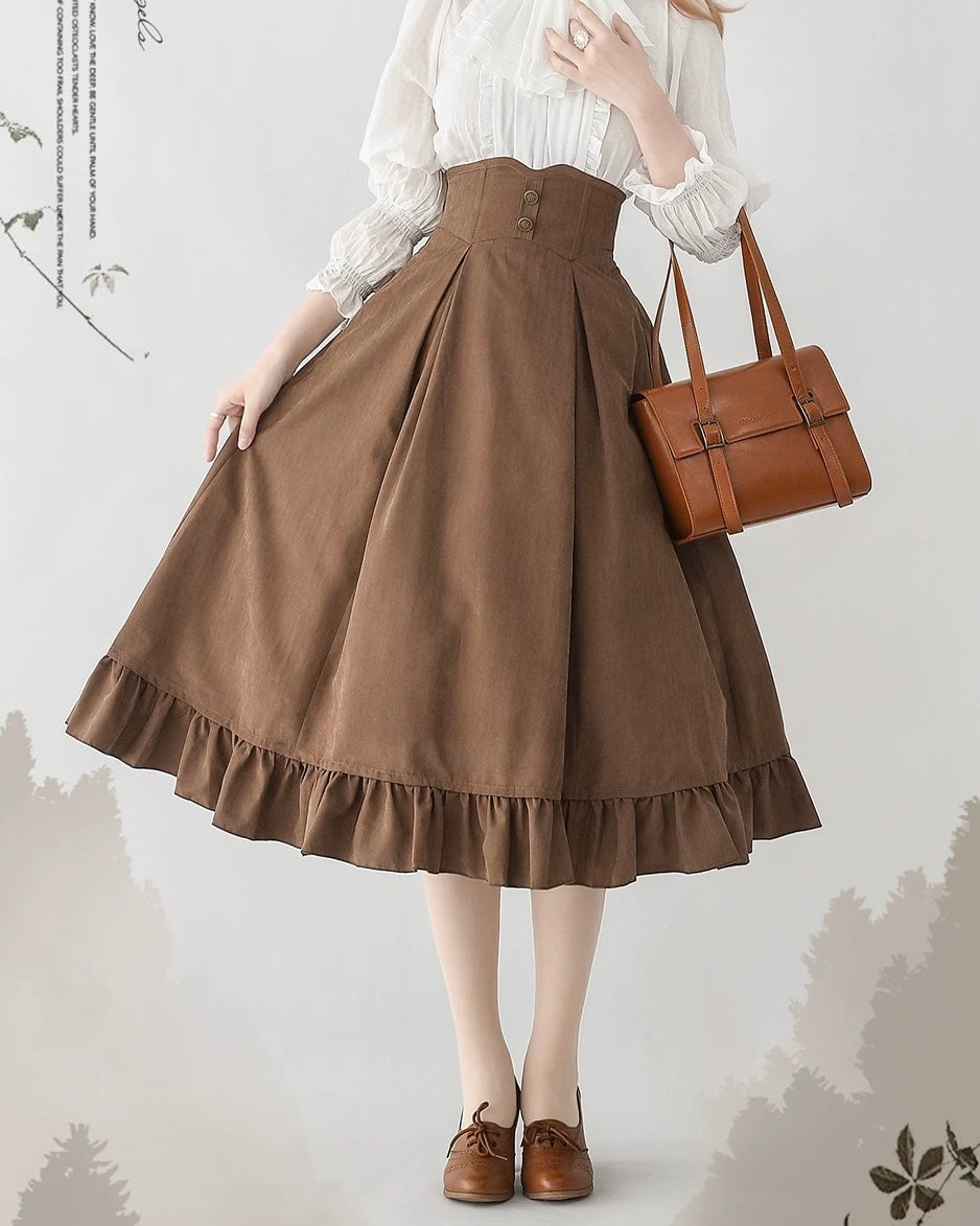 Classic British Style Elegant Cotton Brown Vest Long Skirt Set in Autumn Lolita Dresses