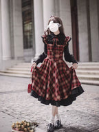 Classic Lolita Asymmetrical Plaid Sundress Set Elegant Literary Retro Light Lolita