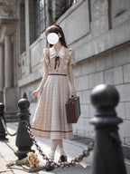 Classic Lolita Beige Brown Checked Maxi Dress with Ruffle Collar Light Lolita