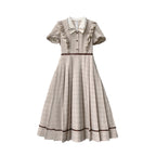 Classic Lolita Beige Brown Checked Maxi Dress with Ruffle Collar Light Lolita