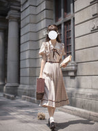 Classic Lolita Beige Brown Checked Maxi Dress with Ruffle Collar Light Lolita