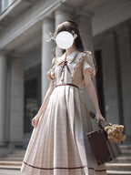 Classic Lolita Beige Brown Checked Maxi Dress with Ruffle Collar Light Lolita