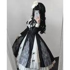 Classic Lolita Black White Long Sleeve Dress with Bow Elegant Spring Autumn Lolita Dress