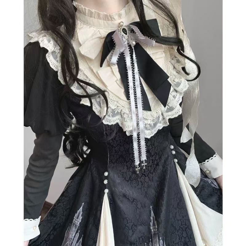 Classic Lolita Black White Long Sleeve Dress with Bow Elegant Spring Autumn Lolita Dress