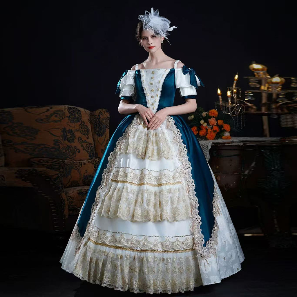 Design concept:

This Classic Lolita dress in blue and apricot features an off-shoulder design with short sleeves, layered frills, and delicate ribbon lace details. Styled with a jacket-inspired bodice, it blends princess elegance with palace and Victorian influences. Perfect for tea parties, stage performances, or formal Lolita occasions, this dress captures timeless sophistication with a romantic, regal charm.