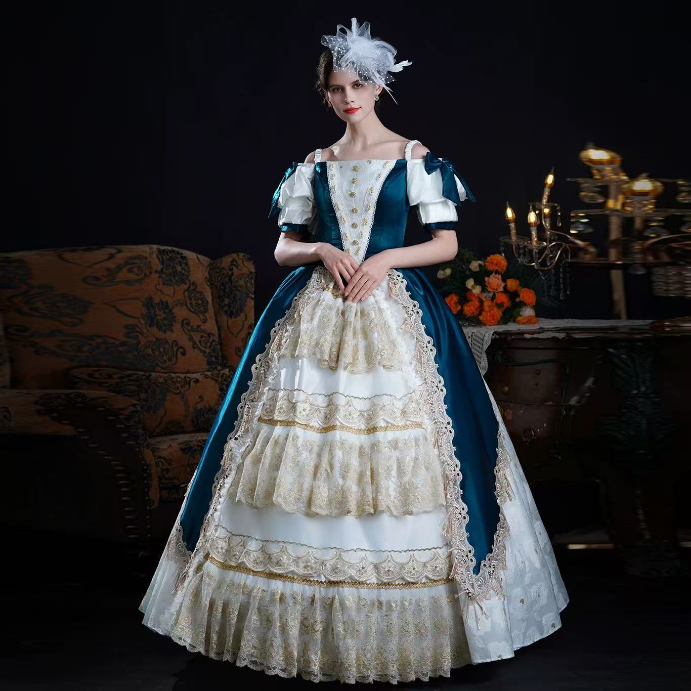 Design concept:

This Classic Lolita dress in blue and apricot features an off-shoulder design with short sleeves, layered frills, and delicate ribbon lace details. Styled with a jacket-inspired bodice, it blends princess elegance with palace and Victorian influences. Perfect for tea parties, stage performances, or formal Lolita occasions, this dress captures timeless sophistication with a romantic, regal charm.