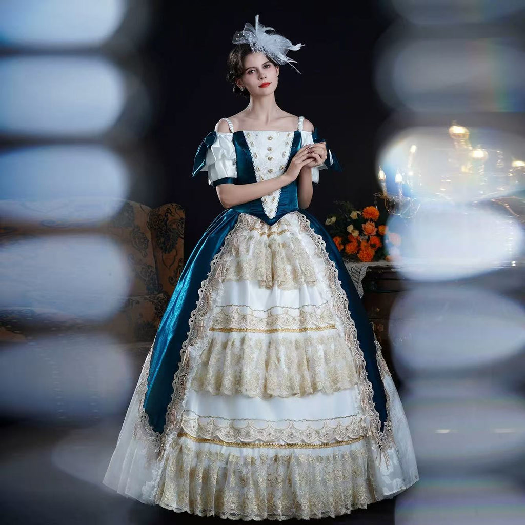 Design concept:

This Classic Lolita dress in blue and apricot features an off-shoulder design with short sleeves, layered frills, and delicate ribbon lace details. Styled with a jacket-inspired bodice, it blends princess elegance with palace and Victorian influences. Perfect for tea parties, stage performances, or formal Lolita occasions, this dress captures timeless sophistication with a romantic, regal charm.
