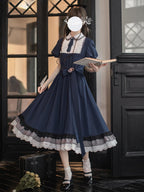 Classic Lolita Retro Navy Blue Literary Lady Spring and Summer School Dress