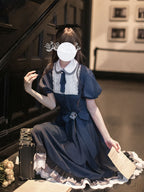 Classic Lolita Retro Navy Blue Literary Lady Spring and Summer School Dress