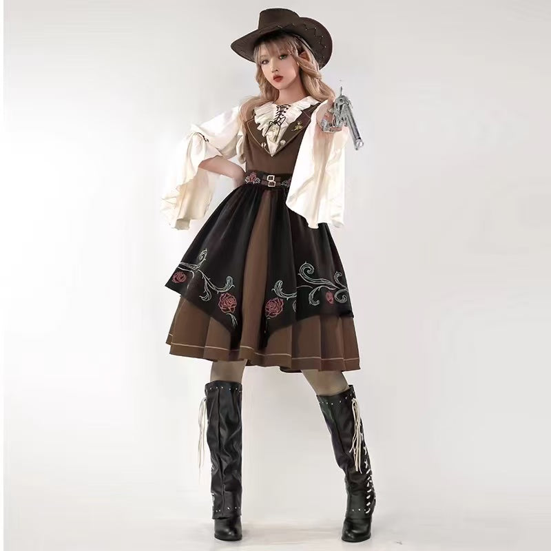 Design Concept:

This Classic Lolita elegant brown outfit set features a refined vintage style with delicate embroidery, offering a timeless and graceful look. The warm brown tone adds sophistication while maintaining a charming Lolita aesthetic. Product Details: The set includes a JSK dress, an embroidered waist cincher, and a matching inner blouse, creating a coordinated ensemble that highlights elegance and intricate craftsmanship.