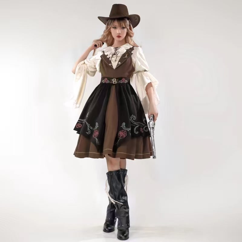 Design Concept:

This Classic Lolita elegant brown outfit set features a refined vintage style with delicate embroidery, offering a timeless and graceful look. The warm brown tone adds sophistication while maintaining a charming Lolita aesthetic. Product Details: The set includes a JSK dress, an embroidered waist cincher, and a matching inner blouse, creating a coordinated ensemble that highlights elegance and intricate craftsmanship.