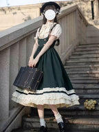 Classic Lolita Gold Buttoned Dark Green School Dress College Style Summer Courtyard Light Lolita