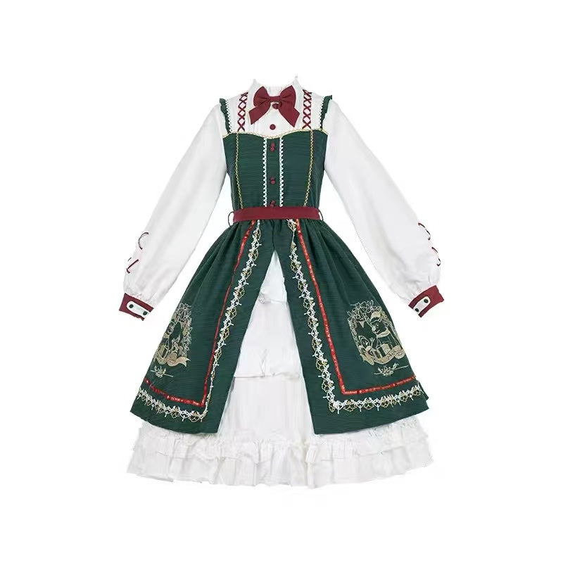 Design Concept:

This Classic Lolita green dress features a doll-like two-piece look with a charming bow and ruffle collar, combining elegance with a playful aesthetic. The soft green tone adds a fresh and delicate touch, enhancing the overall classic Lolita style. Product Details: The product includes one dress designed to create the appearance of a layered outfit, offering a refined and sweet look suitable for various occasions.