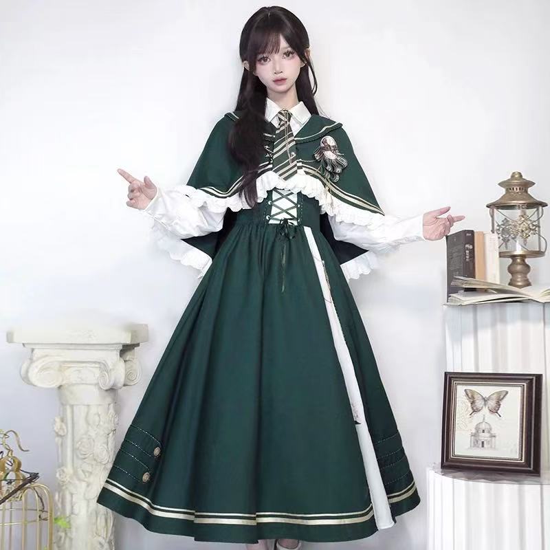 Design Concept:

Immerse yourself in timeless elegance with this complete Classic Lolita ensemble, featuring a beautifully coordinated set of a pinafore jumper, a delicate blouse, a charming cape, and an elegant necktie. Crafted in a soft green hue, this collection exudes a vintage charm perfect for daily wear. The pinafore dress boasts a flattering silhouette, while the detailed blouse and accessory pieces create a harmonious and sophisticated look. Made from high-quality, comfortable fabrics, this versati