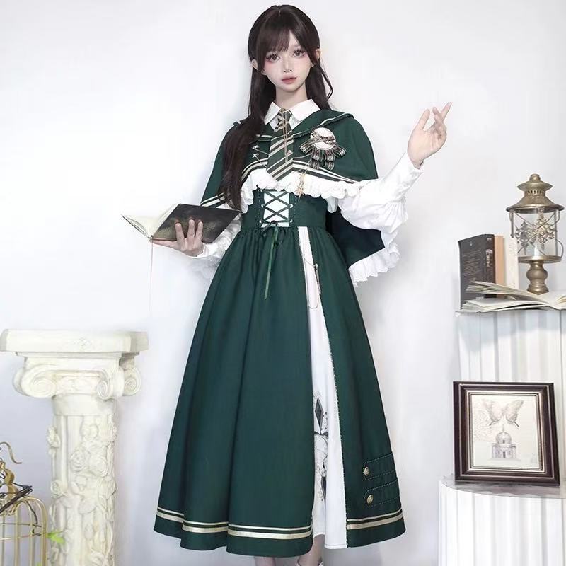 Design Concept:

Immerse yourself in timeless elegance with this complete Classic Lolita ensemble, featuring a beautifully coordinated set of a pinafore jumper, a delicate blouse, a charming cape, and an elegant necktie. Crafted in a soft green hue, this collection exudes a vintage charm perfect for daily wear. The pinafore dress boasts a flattering silhouette, while the detailed blouse and accessory pieces create a harmonious and sophisticated look. Made from high-quality, comfortable fabrics, this versati