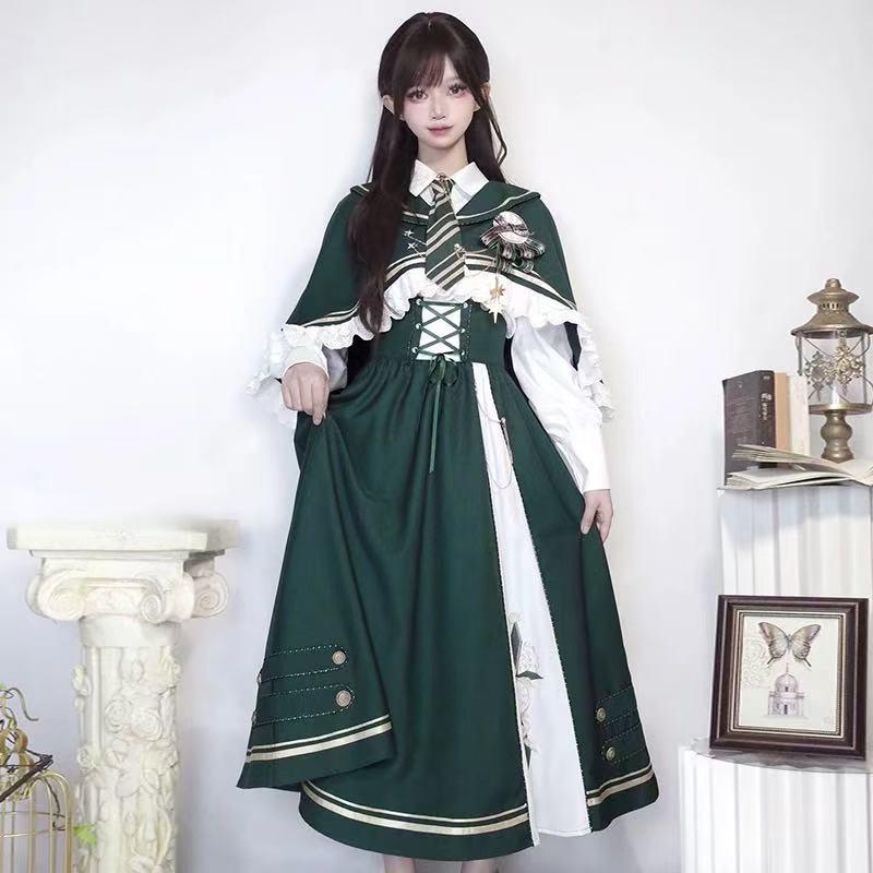 Design Concept:

Immerse yourself in timeless elegance with this complete Classic Lolita ensemble, featuring a beautifully coordinated set of a pinafore jumper, a delicate blouse, a charming cape, and an elegant necktie. Crafted in a soft green hue, this collection exudes a vintage charm perfect for daily wear. The pinafore dress boasts a flattering silhouette, while the detailed blouse and accessory pieces create a harmonious and sophisticated look. Made from high-quality, comfortable fabrics, this versati