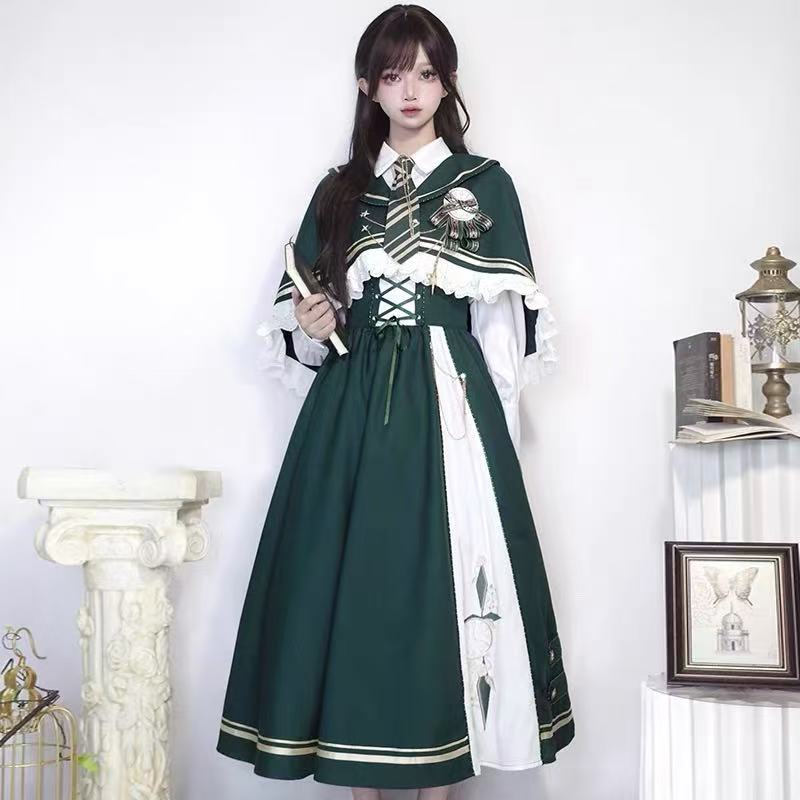 Design Concept:

Immerse yourself in timeless elegance with this complete Classic Lolita ensemble, featuring a beautifully coordinated set of a pinafore jumper, a delicate blouse, a charming cape, and an elegant necktie. Crafted in a soft green hue, this collection exudes a vintage charm perfect for daily wear. The pinafore dress boasts a flattering silhouette, while the detailed blouse and accessory pieces create a harmonious and sophisticated look. Made from high-quality, comfortable fabrics, this versati