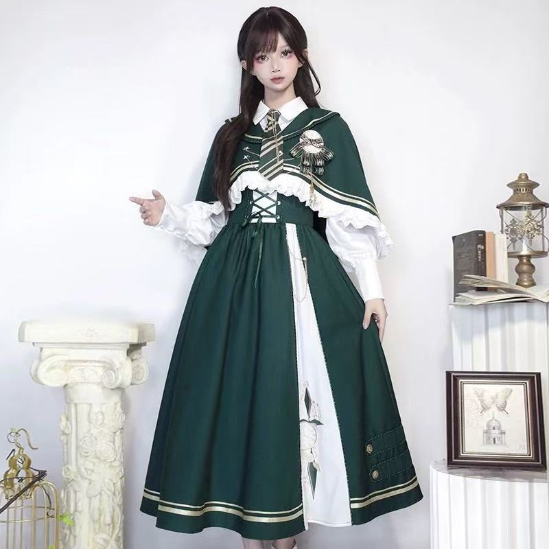 Design Concept:

Immerse yourself in timeless elegance with this complete Classic Lolita ensemble, featuring a beautifully coordinated set of a pinafore jumper, a delicate blouse, a charming cape, and an elegant necktie. Crafted in a soft green hue, this collection exudes a vintage charm perfect for daily wear. The pinafore dress boasts a flattering silhouette, while the detailed blouse and accessory pieces create a harmonious and sophisticated look. Made from high-quality, comfortable fabrics, this versati