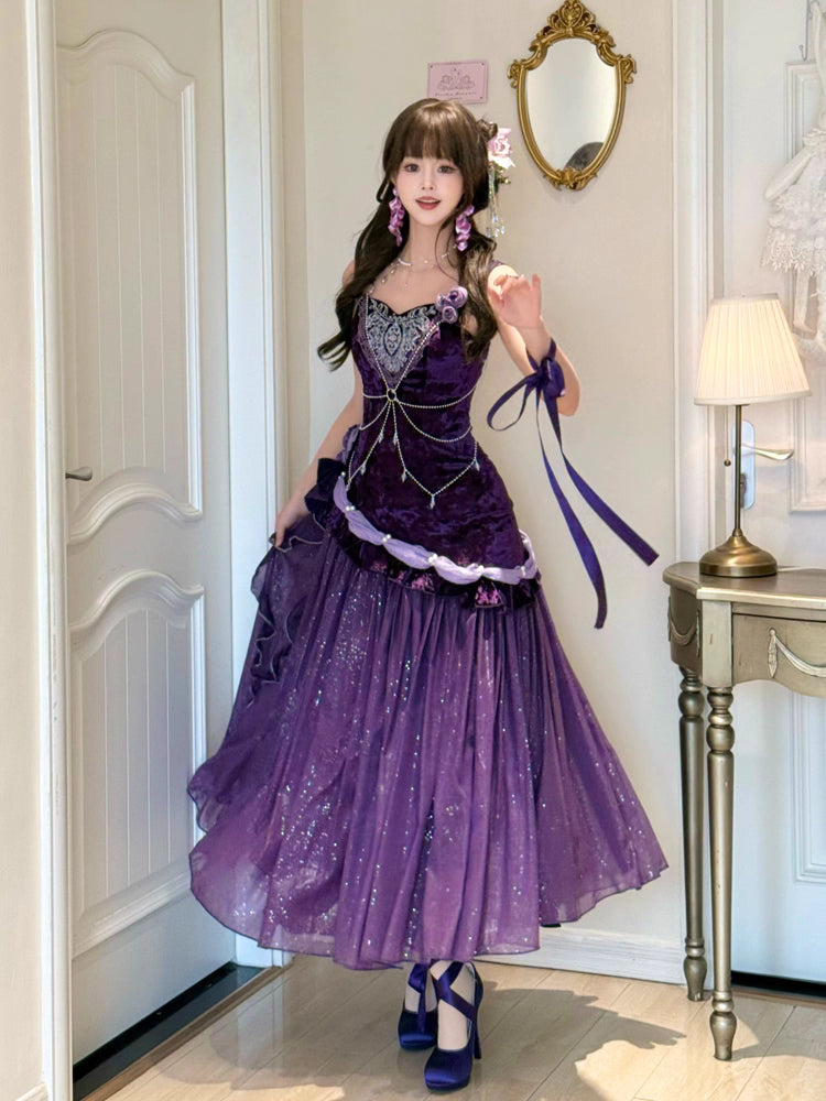 Design Concept
This enchanting Classic Lolita dress is crafted from luxurious purple velvet, offering a soft and elegant drape. Designed as a mermaid-style princess gown with delicate straps, it accentuates the silhouette while maintaining a graceful Lolita charm. Perfect for tea parties, cosplay events, or special occasions, the dress exudes sophistication and playful elegance. Its high-quality fabric ensures comfort, while the exquisite tailoring highlights every detail, making it a standout piece for any