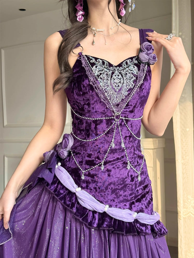 Design Concept
This enchanting Classic Lolita dress is crafted from luxurious purple velvet, offering a soft and elegant drape. Designed as a mermaid-style princess gown with delicate straps, it accentuates the silhouette while maintaining a graceful Lolita charm. Perfect for tea parties, cosplay events, or special occasions, the dress exudes sophistication and playful elegance. Its high-quality fabric ensures comfort, while the exquisite tailoring highlights every detail, making it a standout piece for any